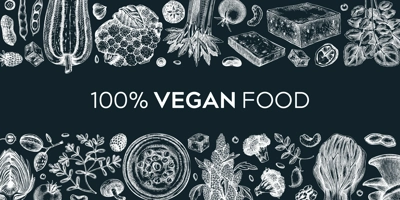 Vegan food banner on chalkboard. Healthy food background. Middle eastern cuisine frame. Hand drawn vegan meals and ingredients for menu, recipe, packaging design. Vegan food illustration